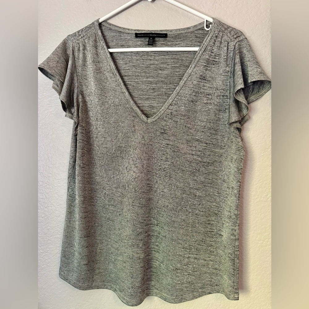 White House Black Market Silver Metallic T-Shirt. V Neck, flowing sleeves. S-L